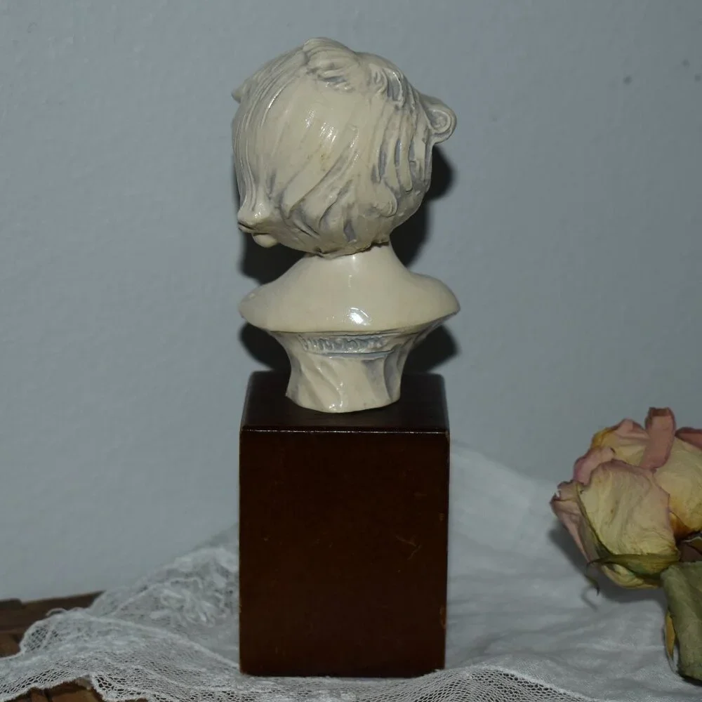 Antique Vintage Petit Resin Small Sculpture Smiling Boy Bust Decor